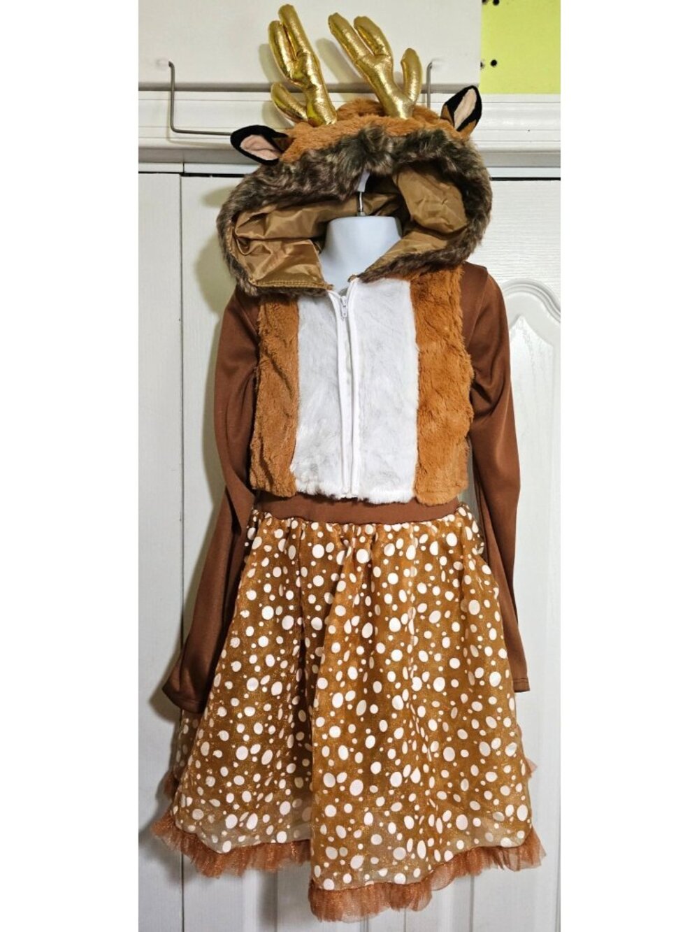 Oh Deer Costume Girls 4-6 Dress Faux Fur Hooded Vest Antlers Fawn Soft Halloween